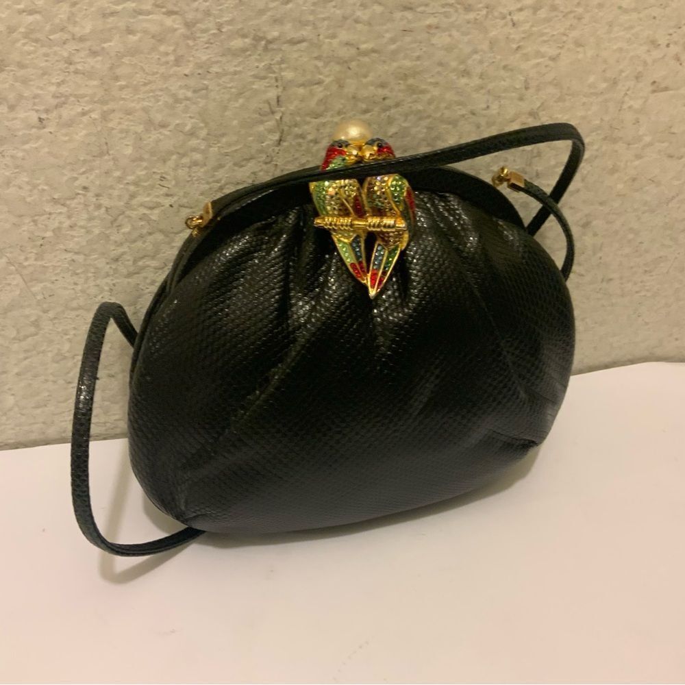 Judith Leiber Lizard Skin & Crystal Parrot Clasp Minaudiere Purse / Bag